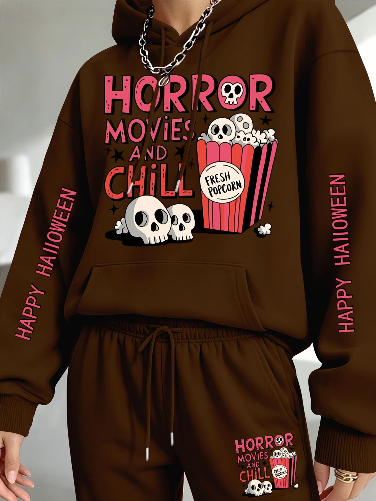 Halloween Skull & Popcorn Hooded Sweatshirt & Joggers Set