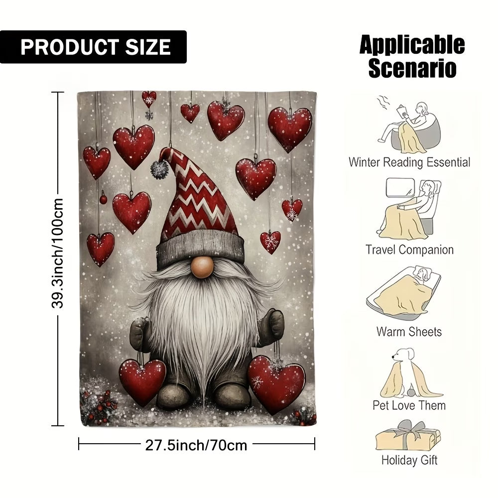Christmas Gnome & Heart Print Flannel Blanket – Ultra-Soft All-Seasons Cosy Throw
