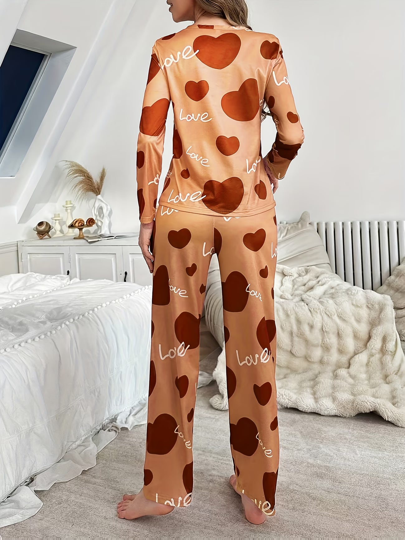 Women'S Heart and Slogan Print Long Sleeve Pajama Set