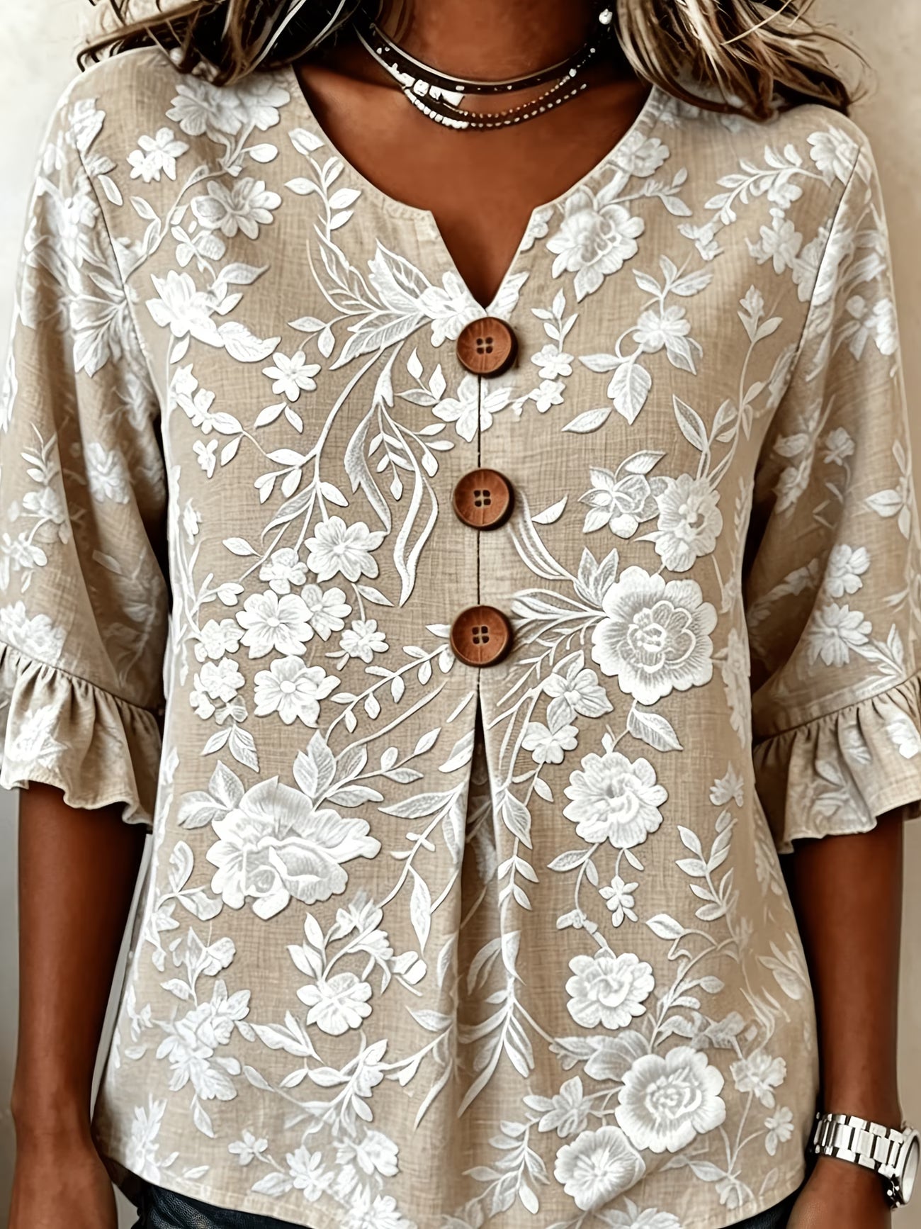 Women's Floral Print Notched V-Neck Blouse