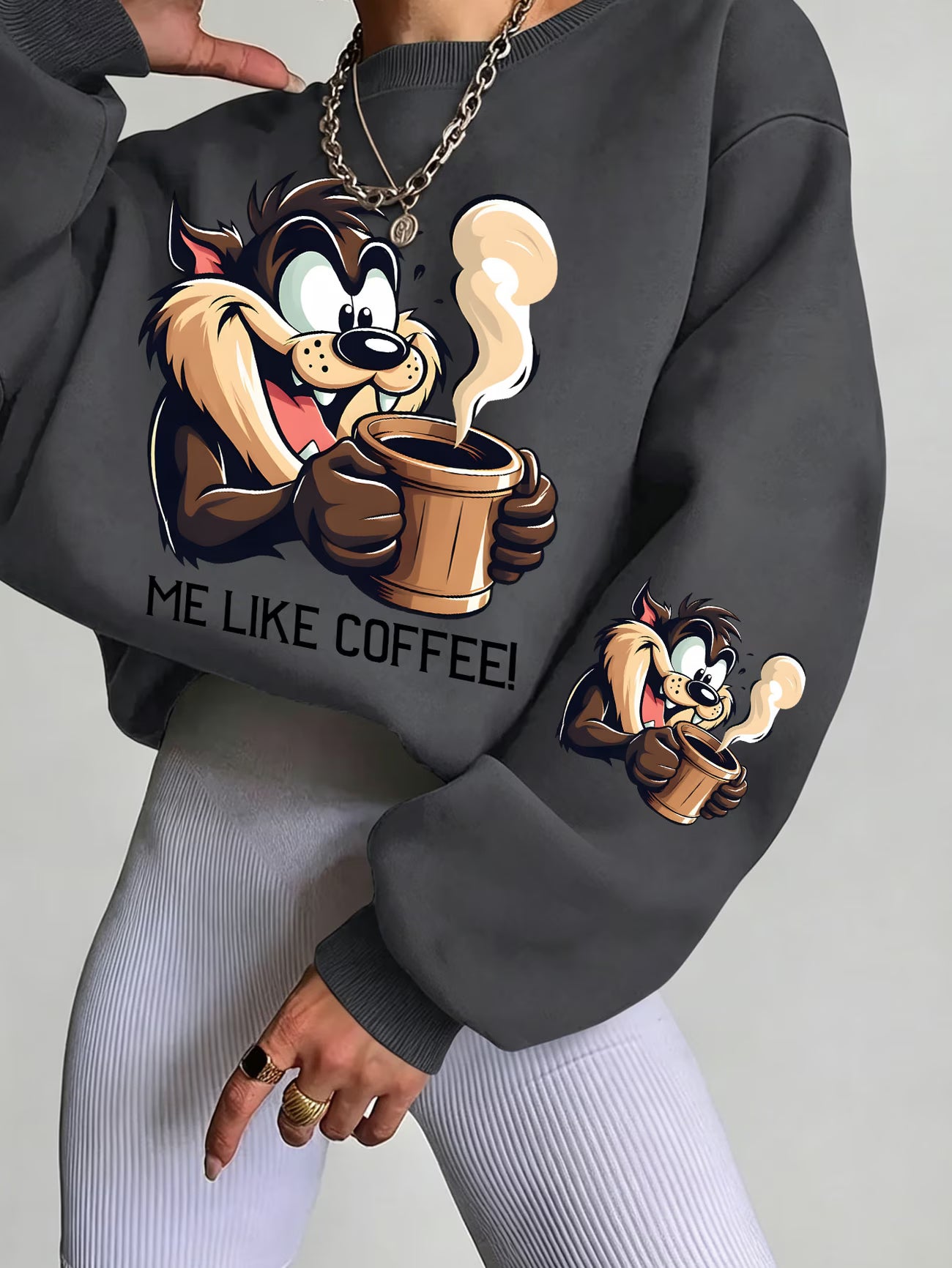 Looney Tunes Taz 'Me Like Coffee' Cartoon Print Crew Neck Sweatshirt