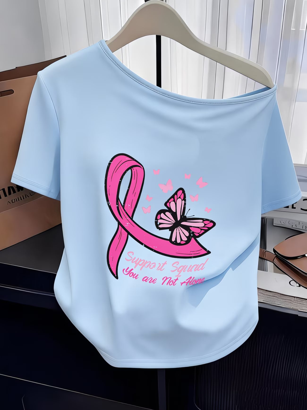 Women's Y2K Off-Shoulder Tee – Pink Ribbon & Butterfly Print