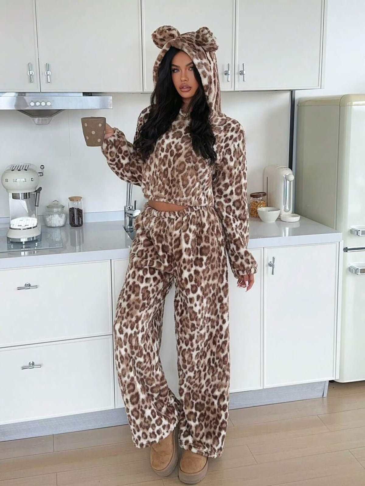 Women's Leopard Print Plush Bear-Ear Hoodie & Wide-Leg Trouser Set