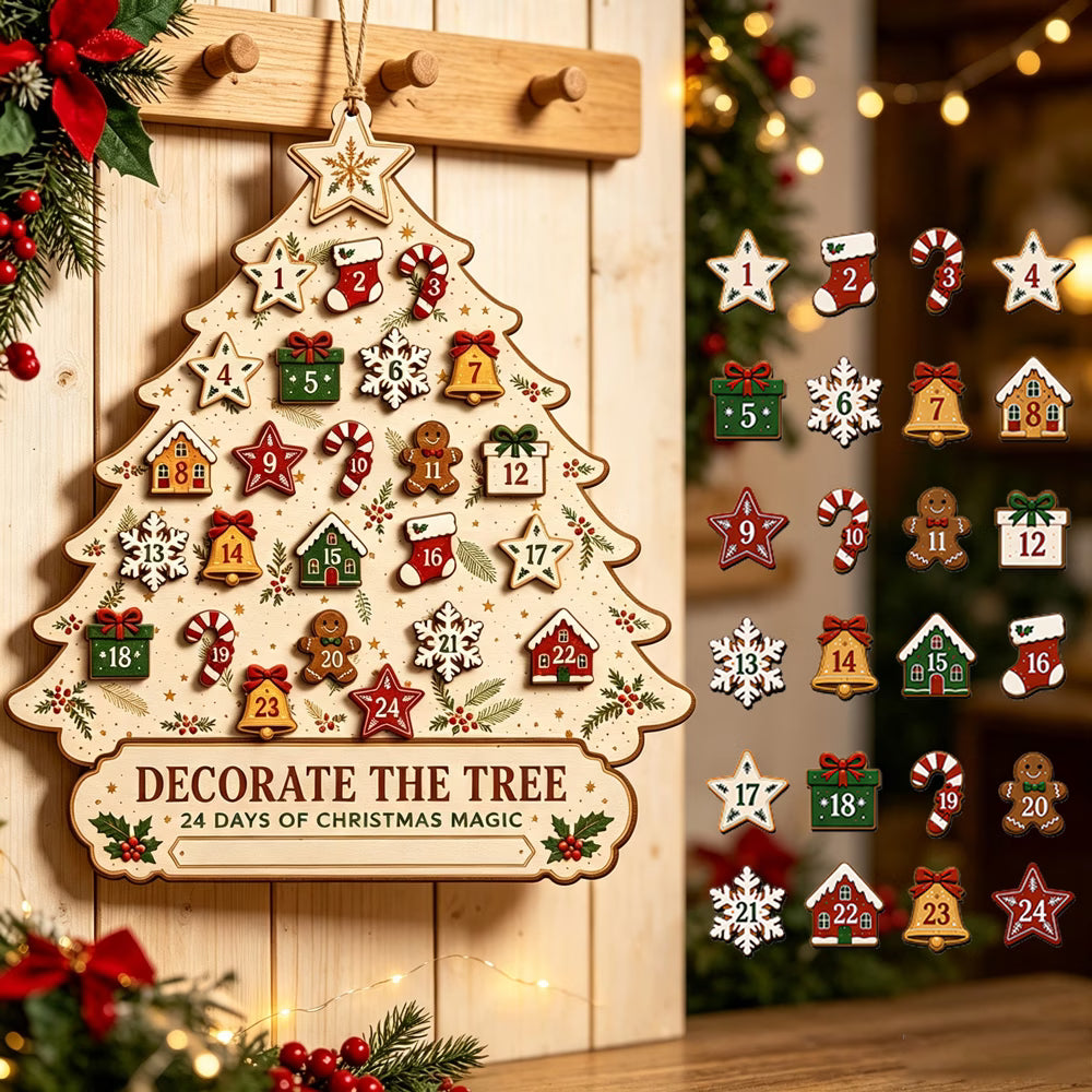 24-Day Wooden Christmas Tree Advent Calendar with Detachable Number Ornaments