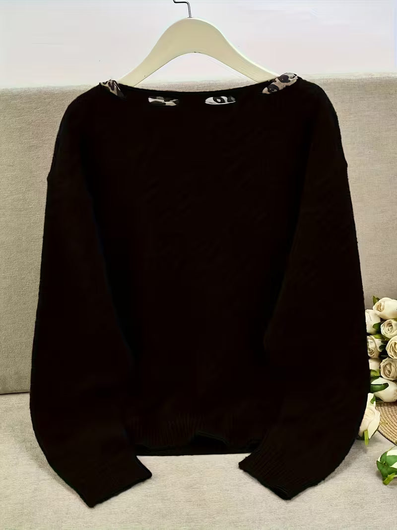 Oversized Sweater with Leopard Print Collar & Bow Tie