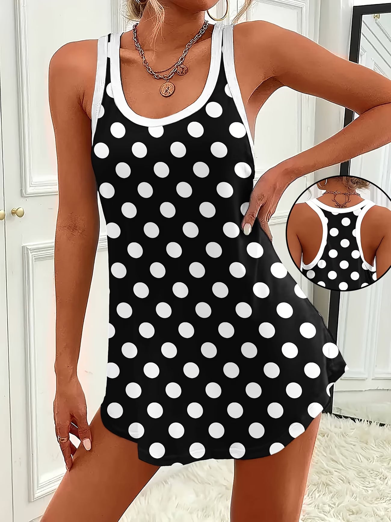 Black & White Polka Dot Contrast Print Nightgown – Casual Vacation Style