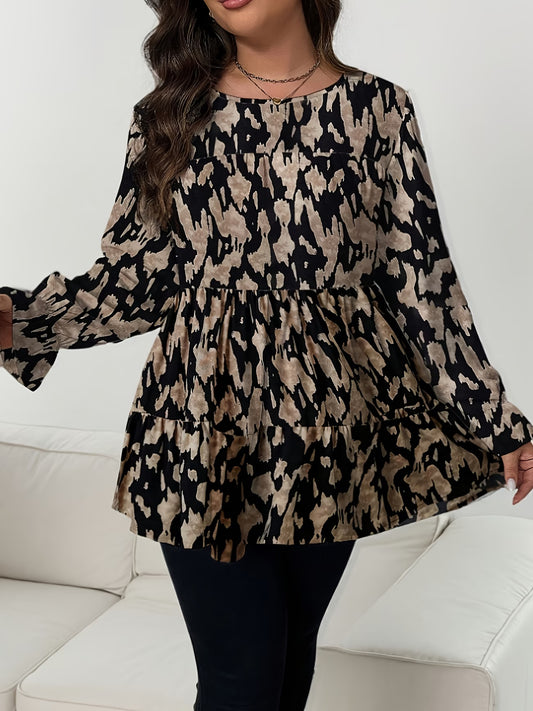 Plus Size, Leopard Print Long-sleeve Top