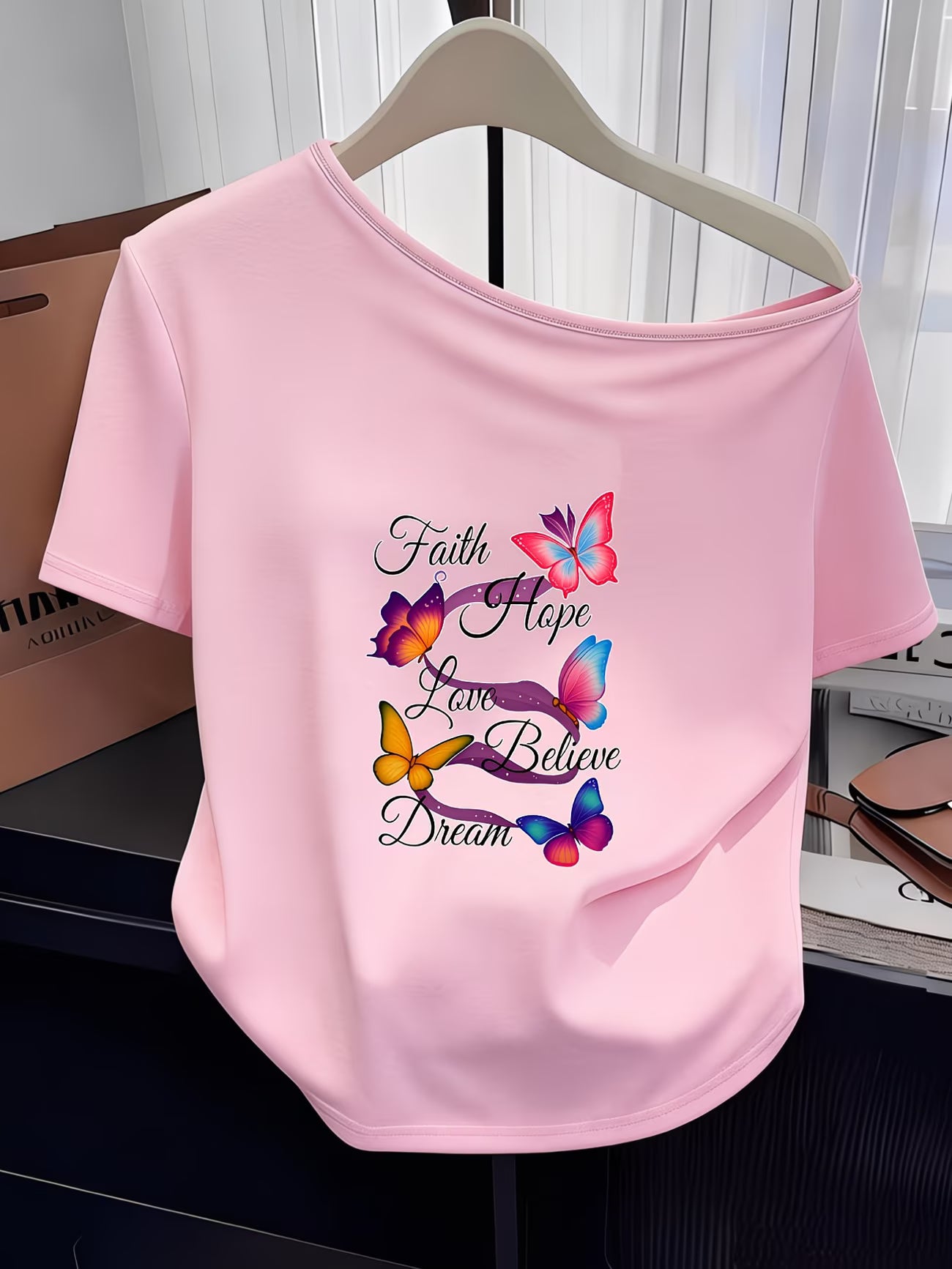 Butterfly Print Off-Shoulder T-Shirt