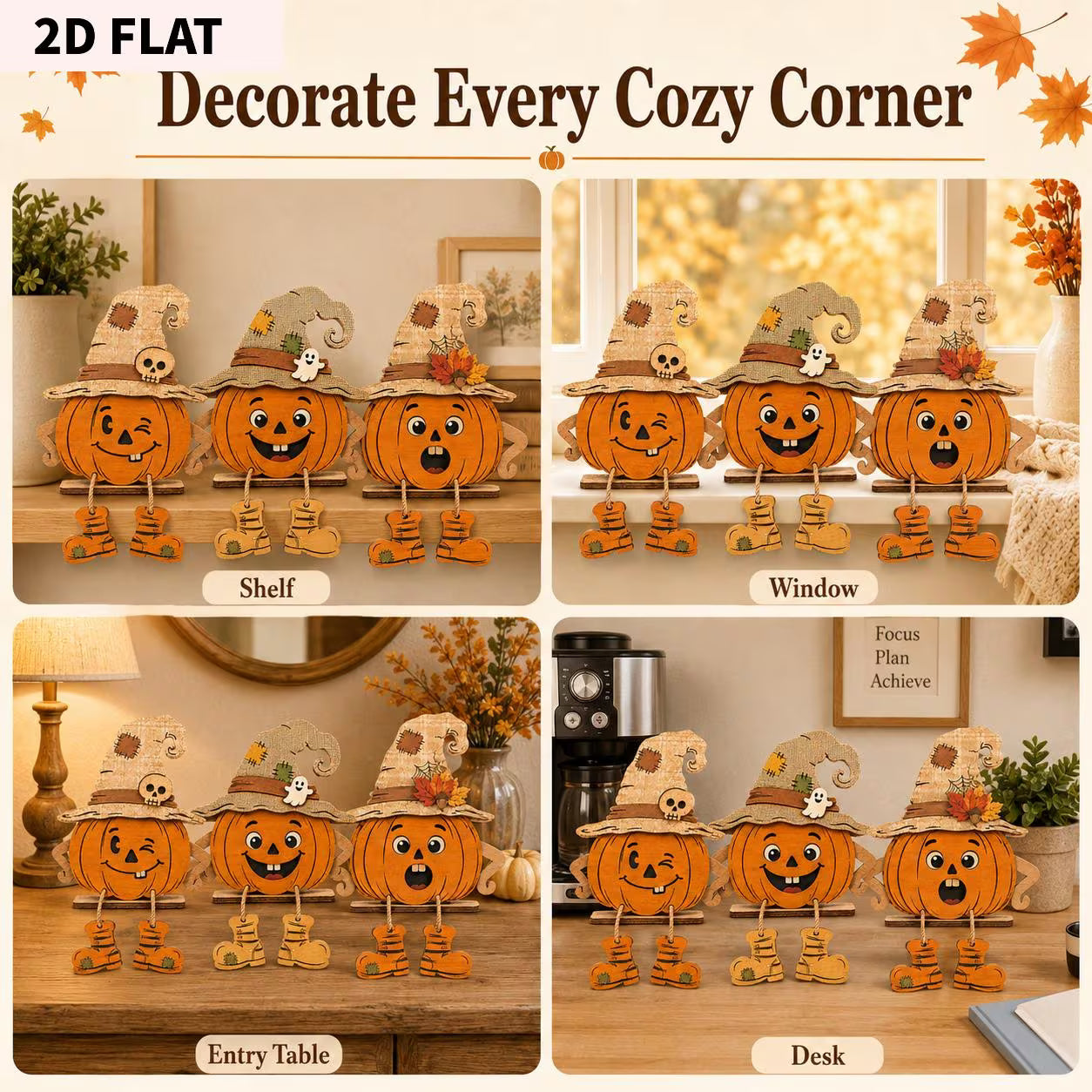 2D Flat Autumn Wooden Decorative Plaques – Halloween Pumpkins (Set of 3)