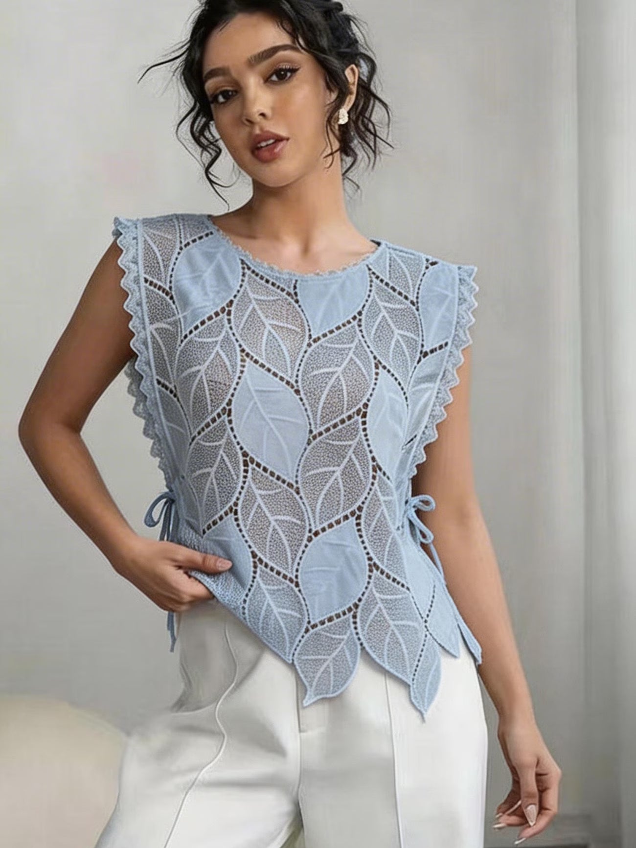 Elegant Round-Neck Crochet Sweater with Leaf Shapes