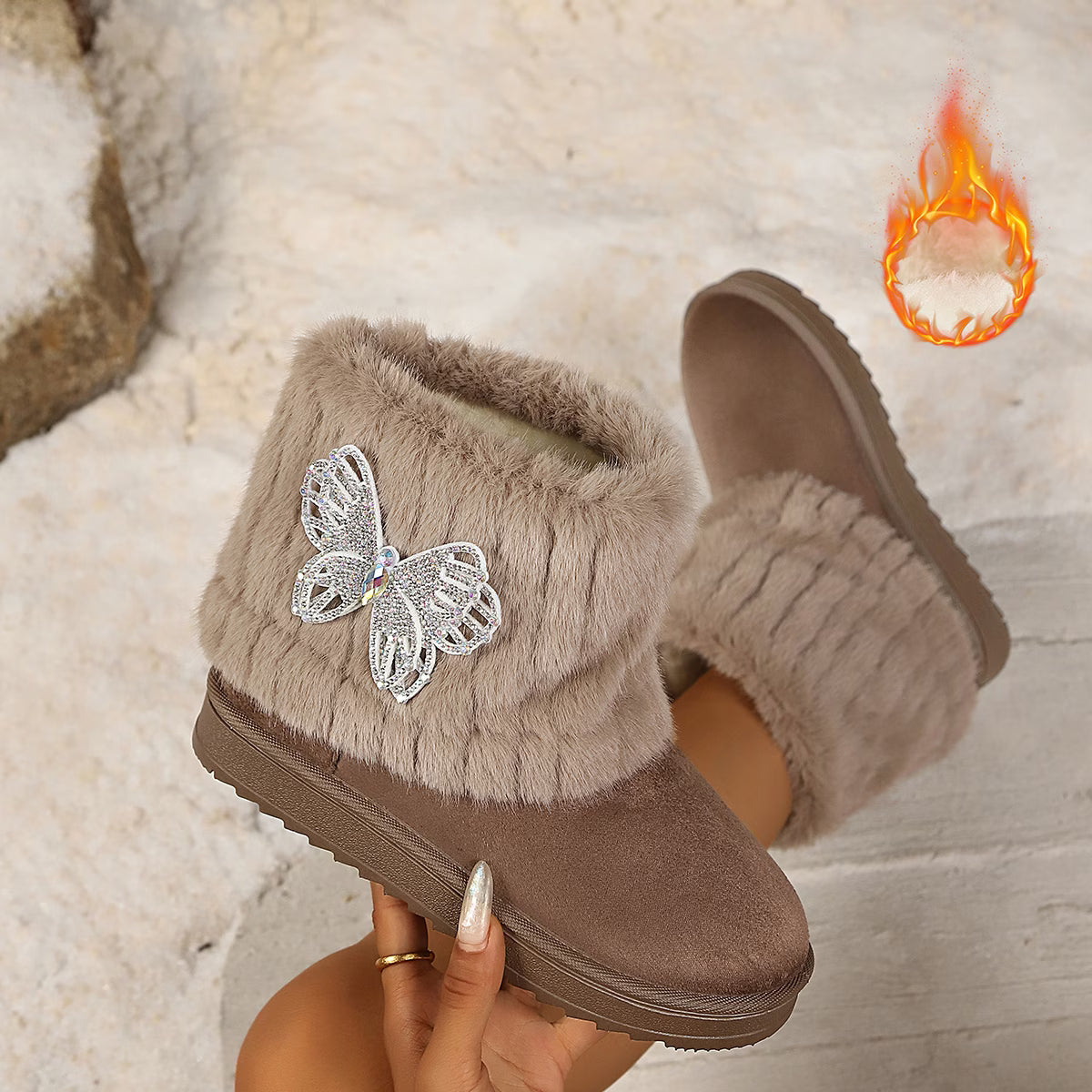 Women's Plush Rhinestone Butterfly Snow Boots
