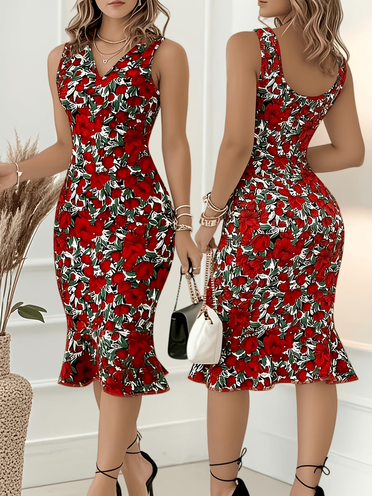Sleeveless Red Flowers Mermaid Hem Dress