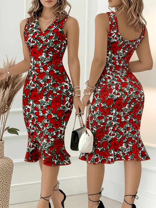 Sleeveless Red Flowers Mermaid Hem Dress
