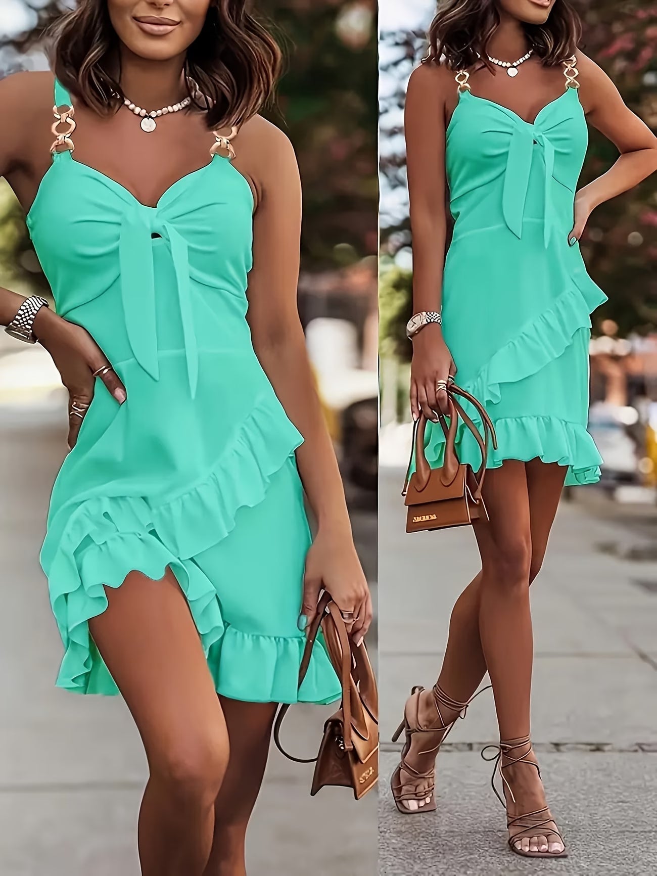 Chain Strap Frilly Tie-Front Slim Dress
