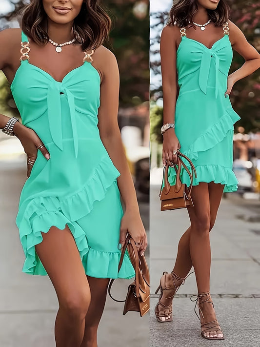 Chain Strap Frilly Tie-Front Slim Dress