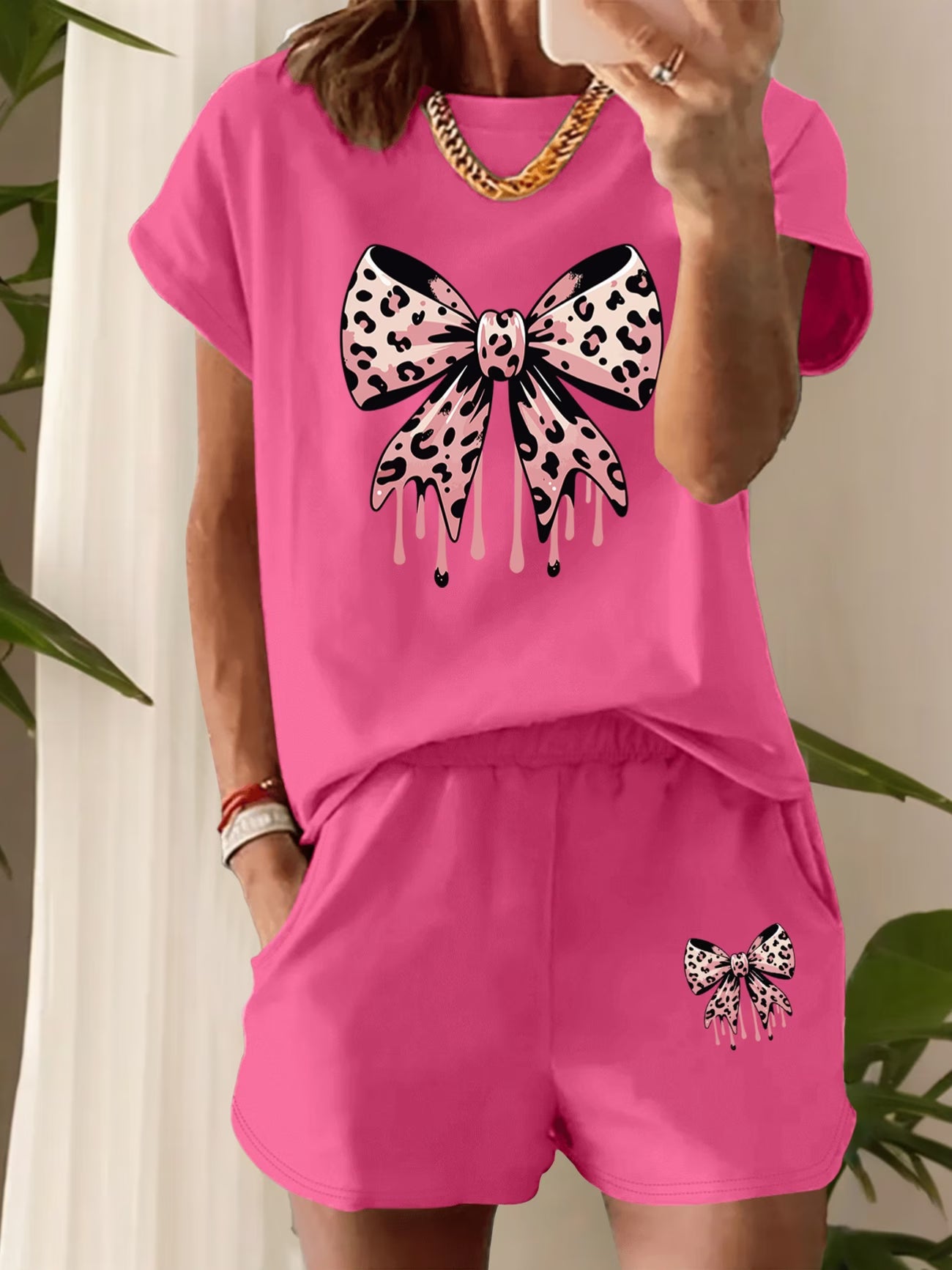 Bow & Leopard  Print Two-Piece Set – Round Neck Tee & High-Waist Shorts