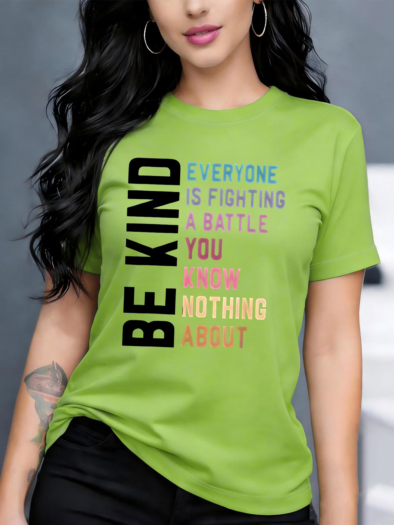 Women's "Be Kind" Letter Print T-Shirt — Crew Neck