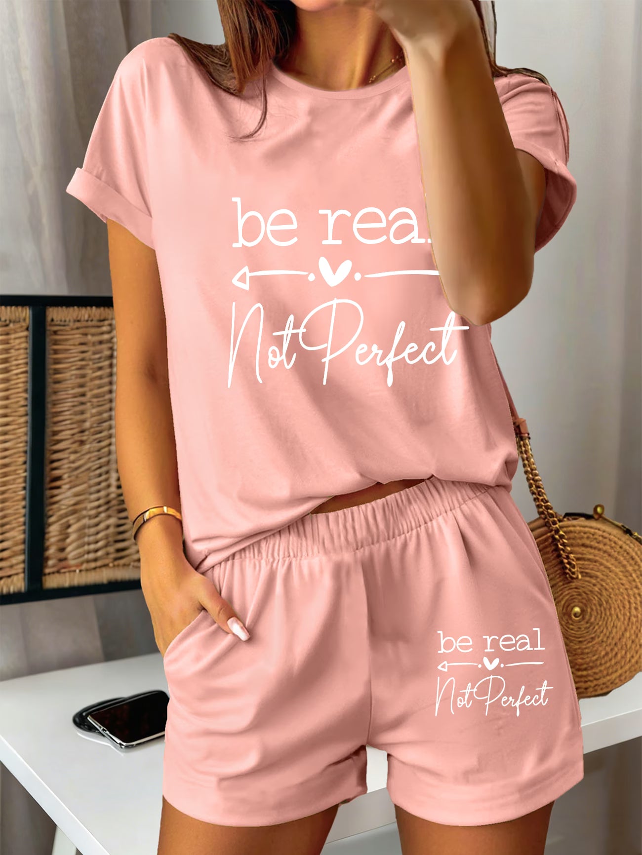 Be Real Not Perfect Loose-Fit Short-Sleeve Top & Shorts Set