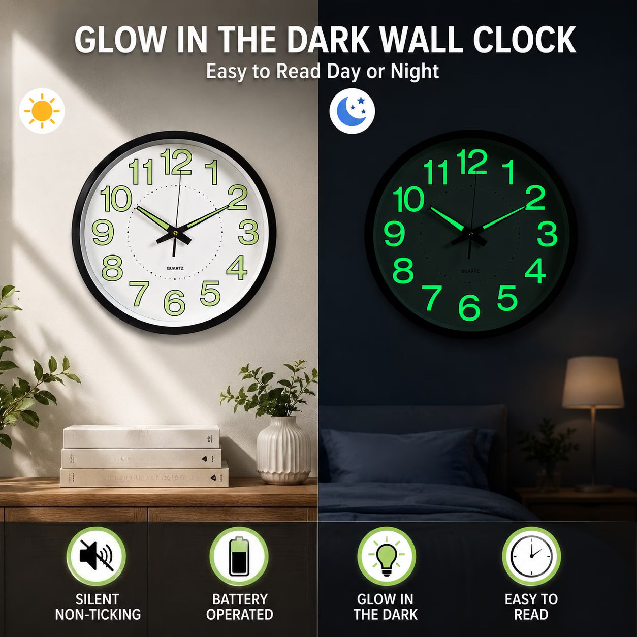 12" Glow in The Dark Wall Clock – Luminous Silent Quartz