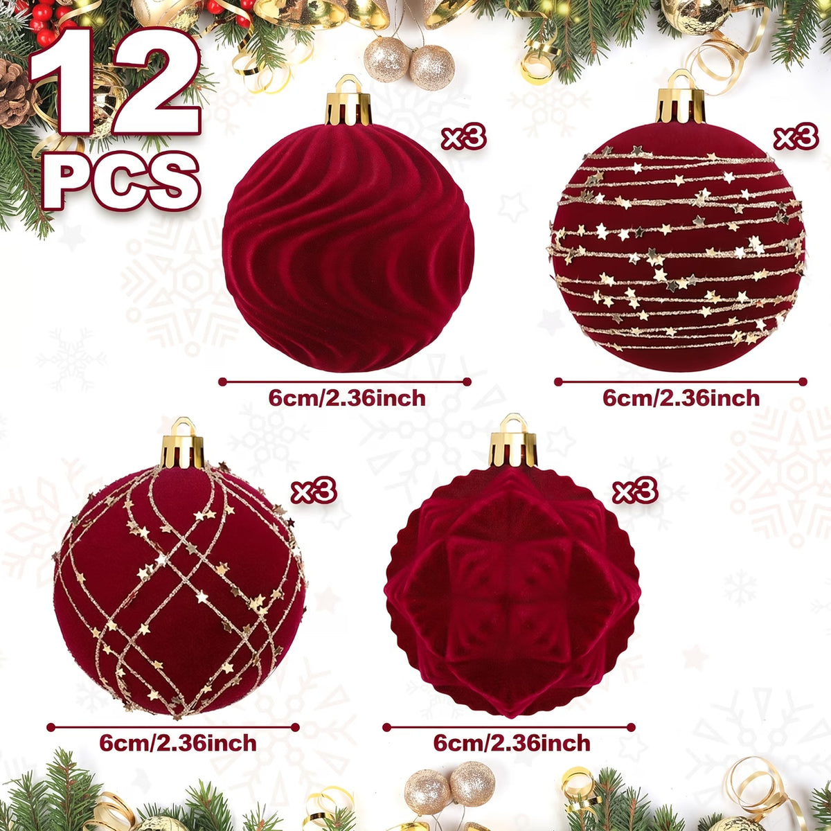 Velvet Christmas Ornament Balls - 6cm, 12pcs (Burgundy, Brown, Blue, Green)