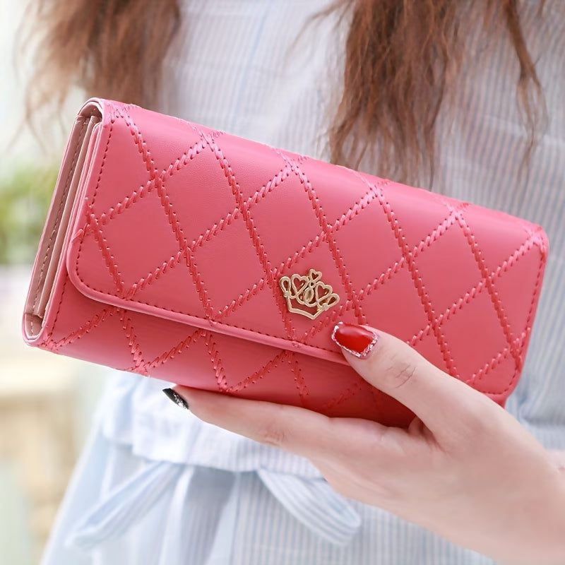 Trendy Argyle Checked Tri-Fold Long Wallet – Multi-Card Slot Purse