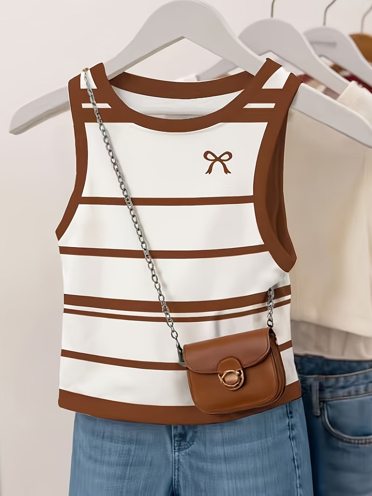 Striped Bow Print Tank Top – Casual Sporty Round Neck