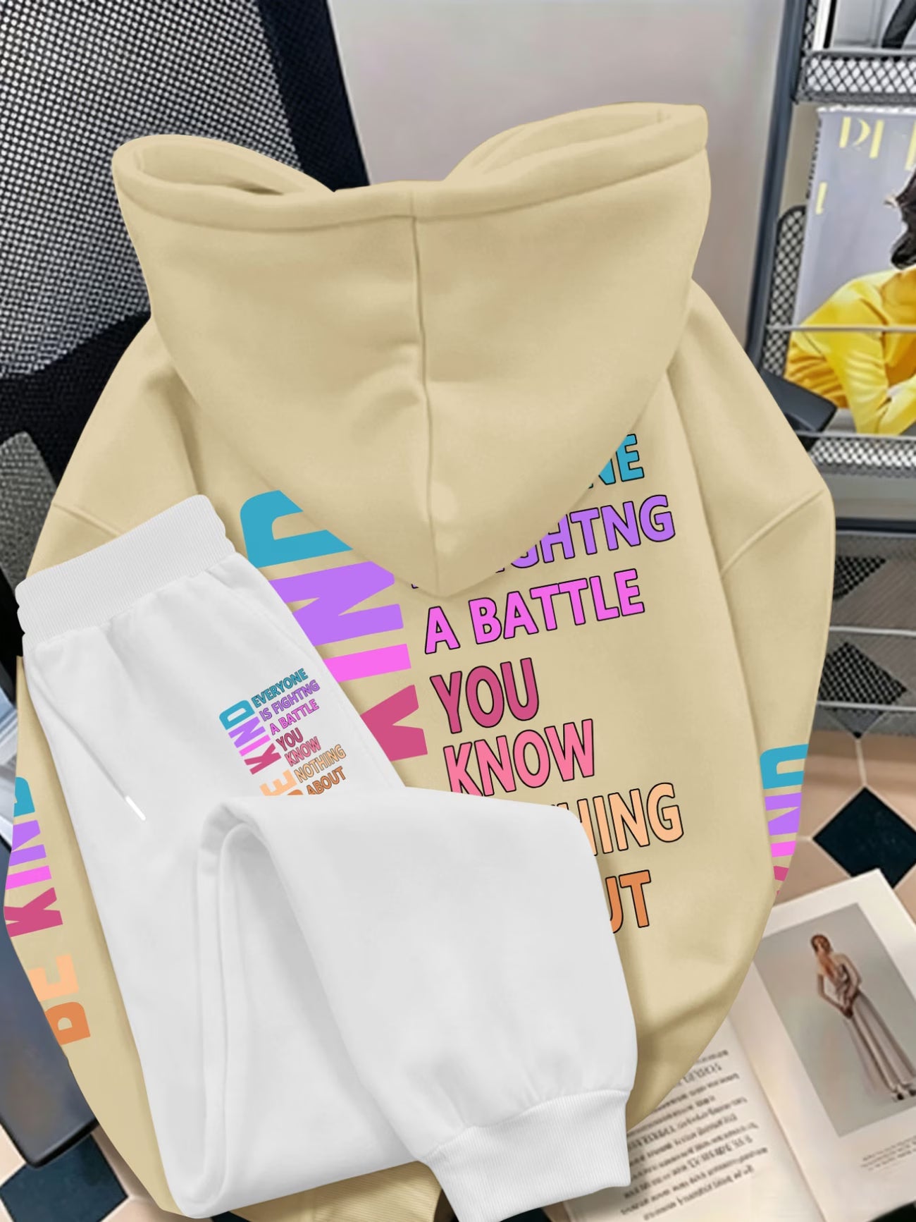 Plus Size Hooded Sweatshirt Set — Multi-Colour Positive Message Triple Back Print