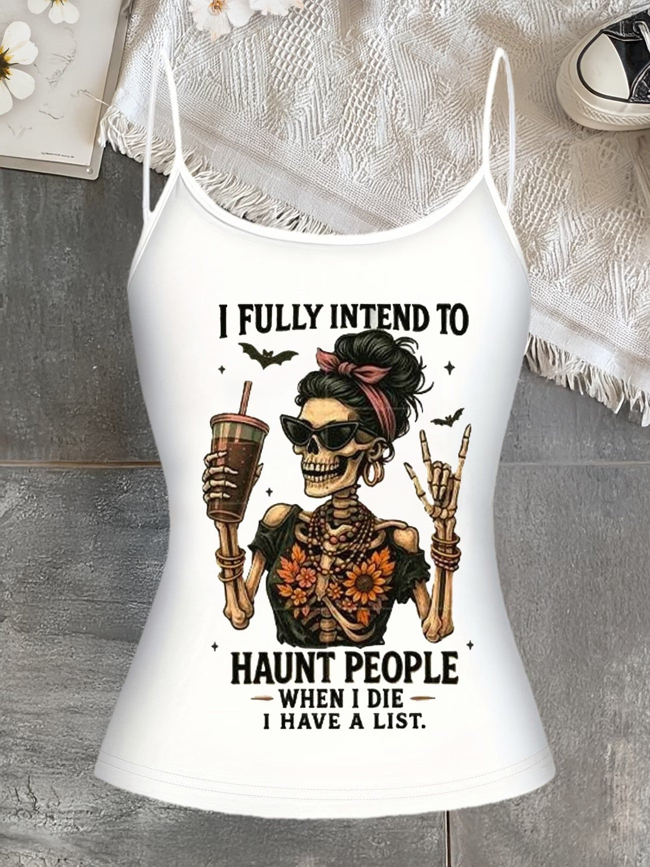 Bat & Skull Print Tank Top — Gothic Adjustable Strap