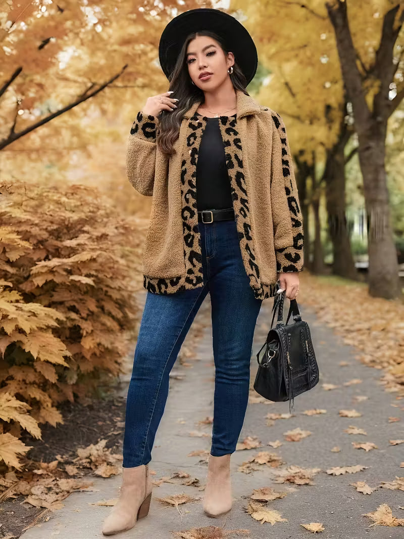 Plus Size Women'S Leopard Print Fleece Jacket