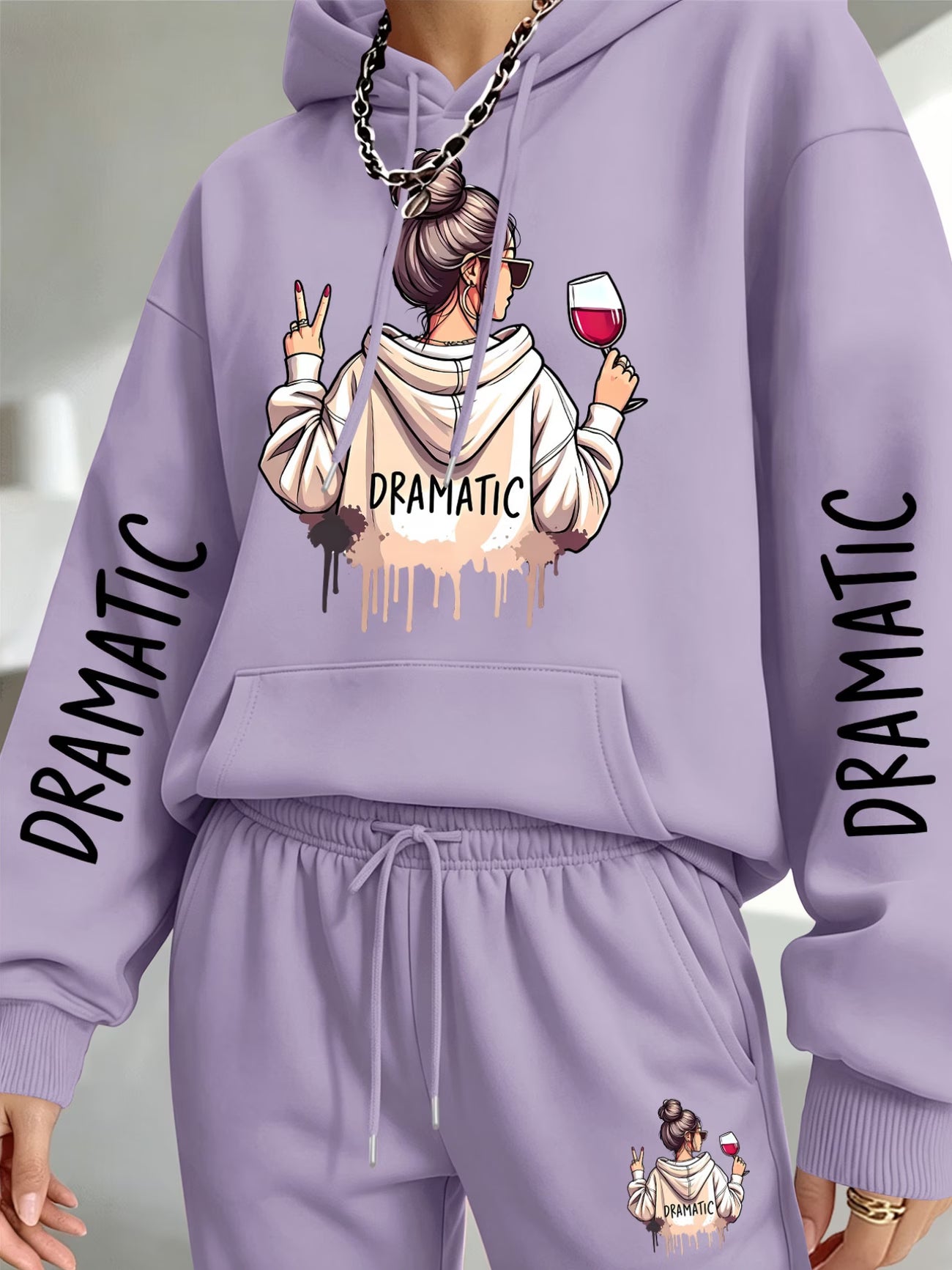 Dramatic Woman Red Wine Graphic Hooded Sweatshirt & Sweatpants Set