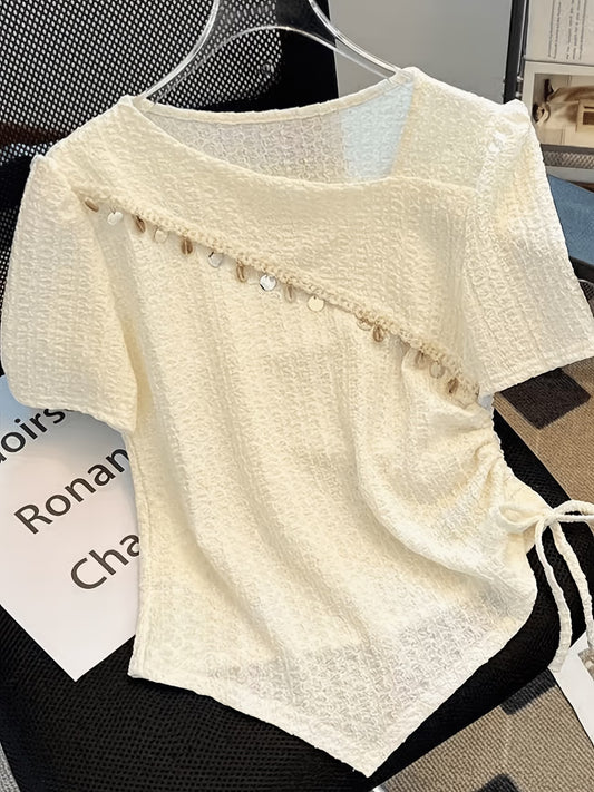 Women's White Sequin Patchwork T-Shirt — Short Sleeve Stretch Embellished Top