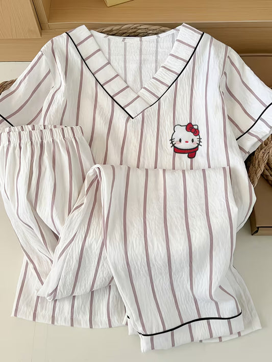 Cloud Sweet Embroidery Pajama Set – Short Sleeve & Long Pants