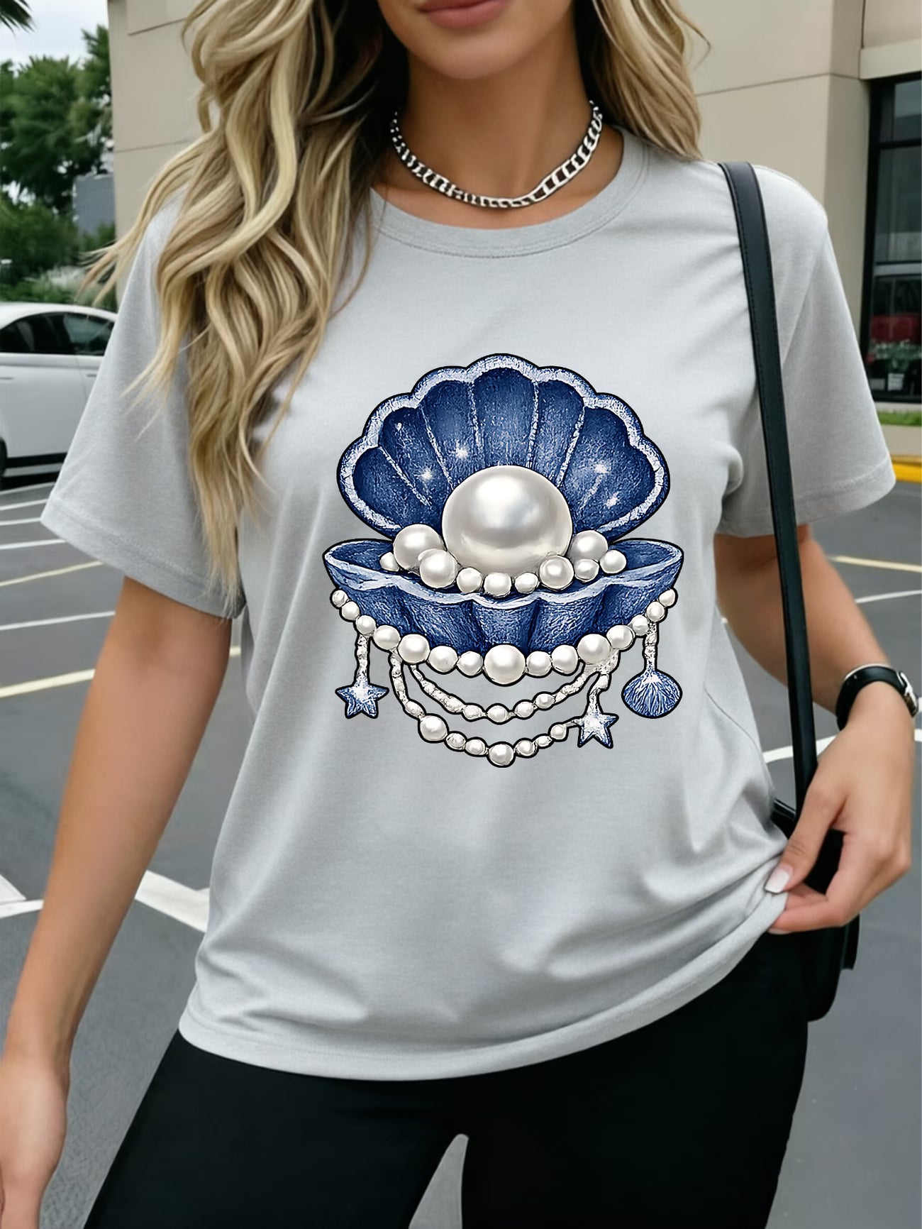 Pearl Denim Bow Heart T-Shirt Denim Fabric