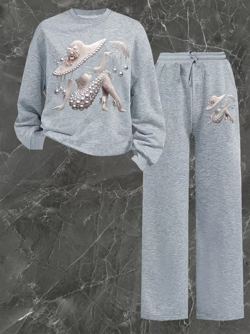 Sweatshirt and Drawstring Straight Leg Pants Two-Piece Set,