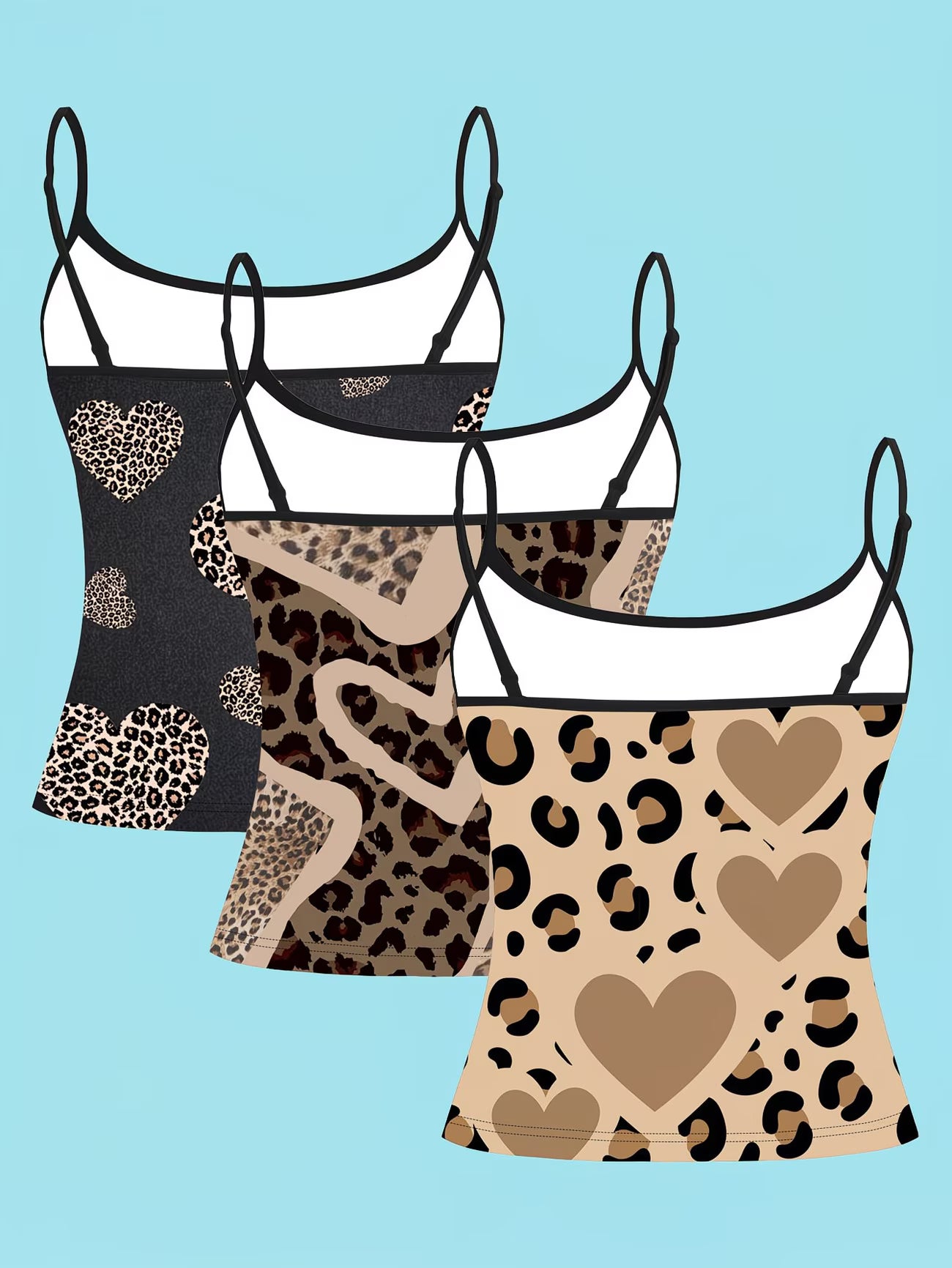 Romantic Heart & Leopard Print Camisole – 3-Pack Women's Cami Tops