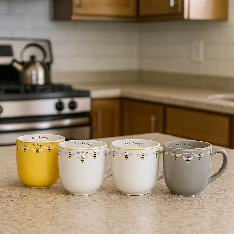 Set of 4 Bee Happy Printed Mugs