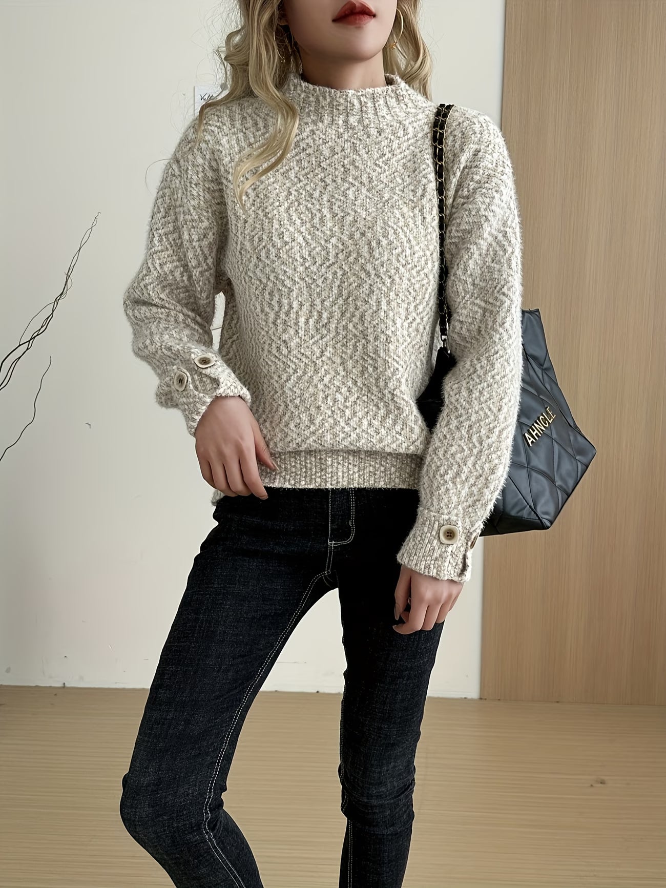 Chenille Faux Mink Short Pullover Sweater – Lace Semi-High Neck