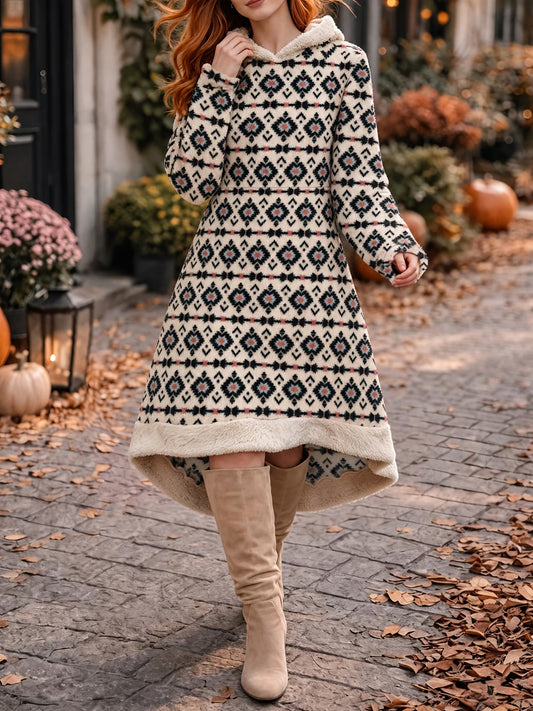Retro Hooded Patchwork Dress with Asymmetrical Hem
