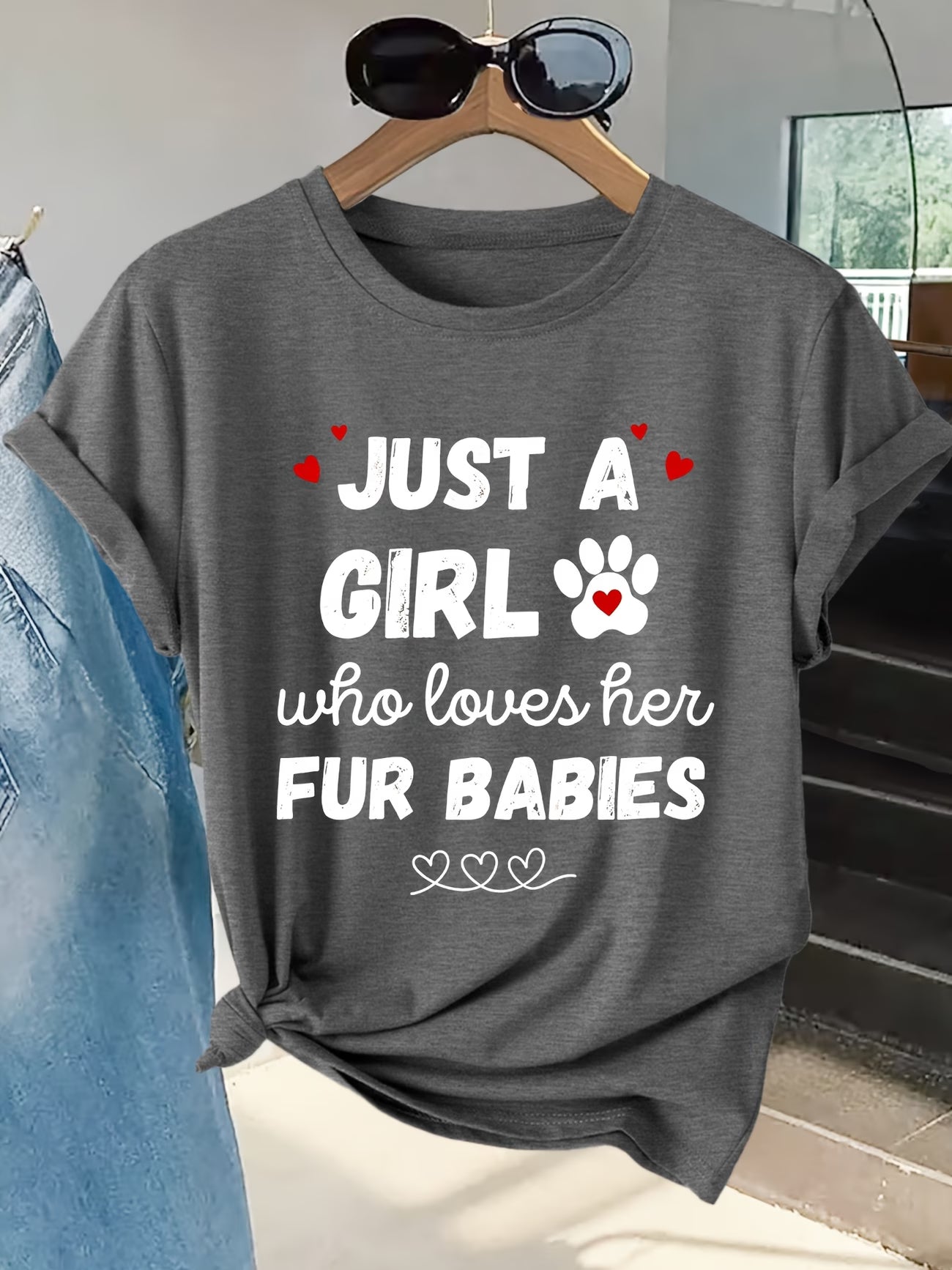Women's Cute Heart & Pet Print Graphic Tee | Short-Sleeve T-Shirt