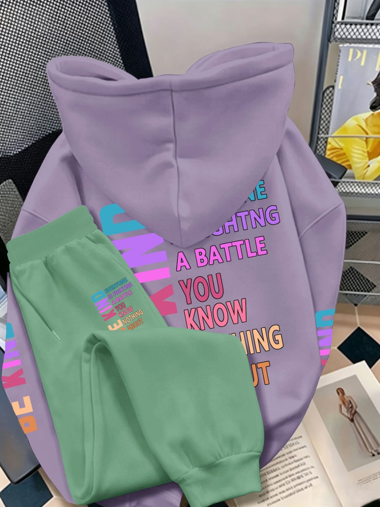 Plus Size Hooded Sweatshirt Set — Multi-Colour Positive Message Triple Back Print