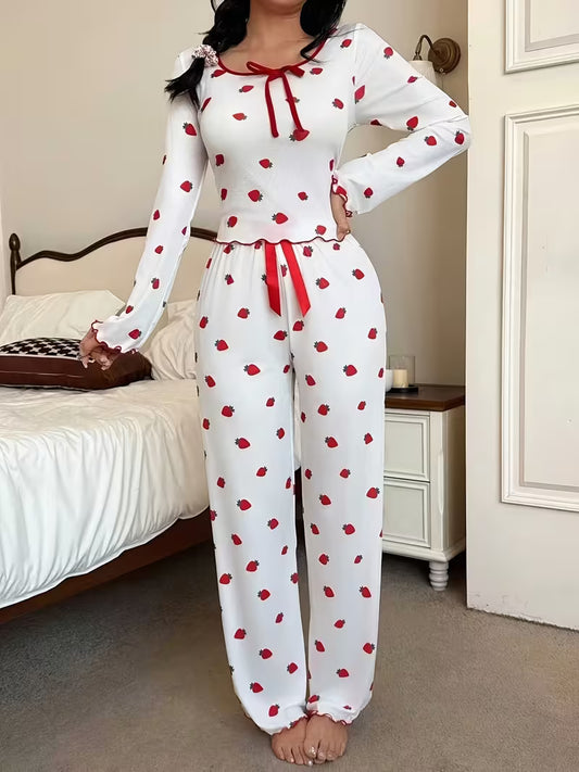 2pcs Women's Long Sleeve Square Neck Bow-Tie Top and Pants Set,