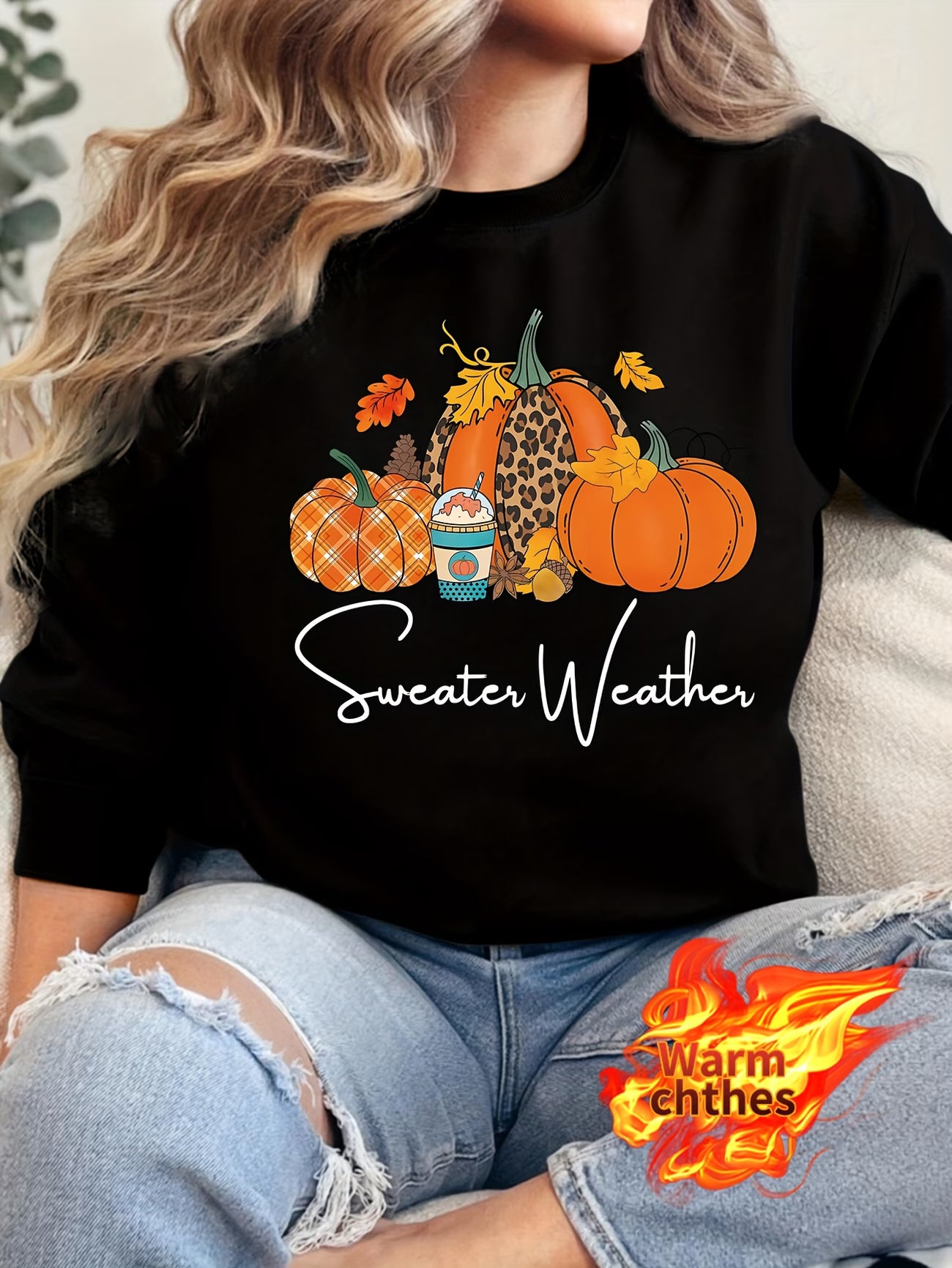 Women's Pumpkin Maple Leaf Print Winter Sweatshirt