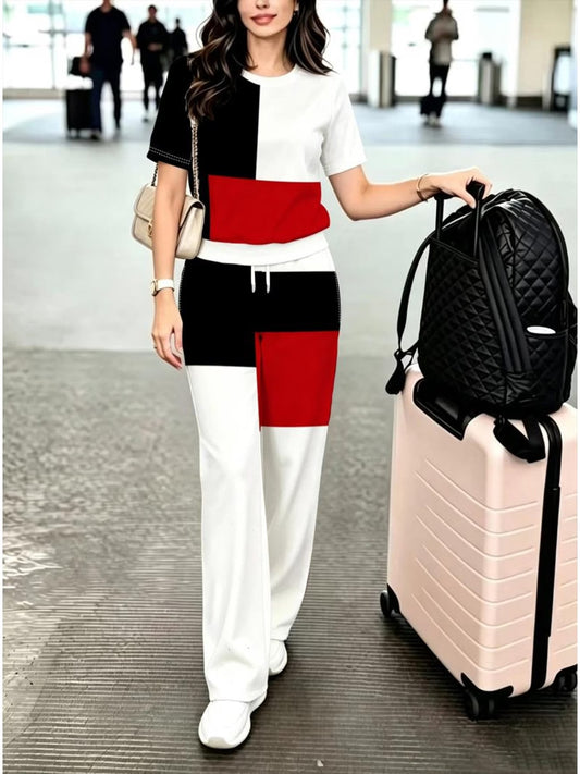 Women's 2-Piece Fashion Set – Round Neck T-Shirt & Elastic Waist Pants