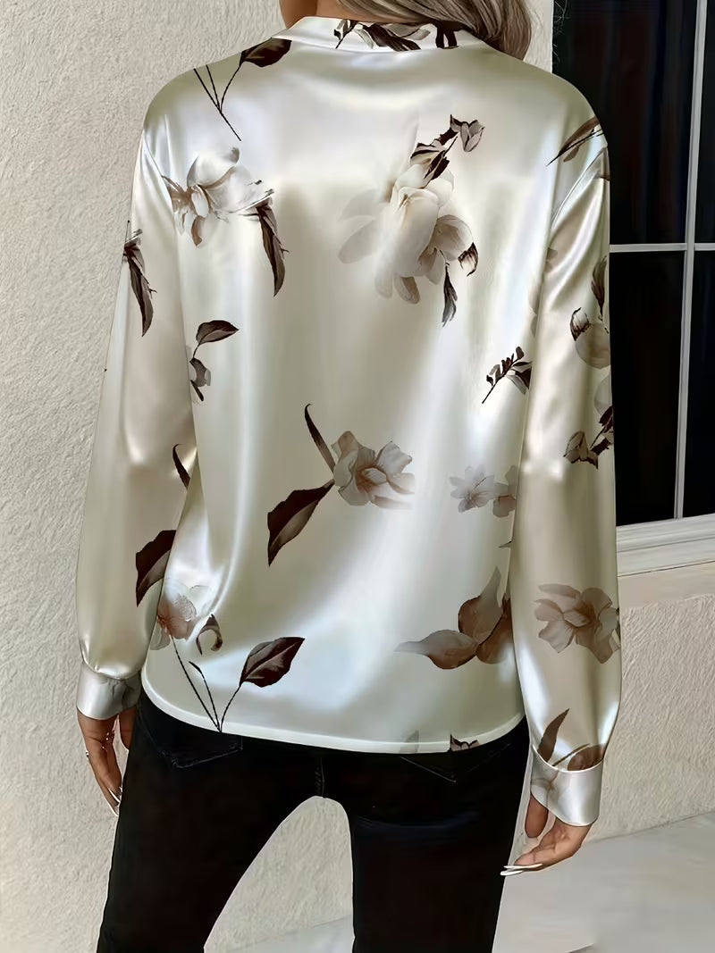 Silvery Gray Floral Print Satin V-Neck Long Sleeve Blouse