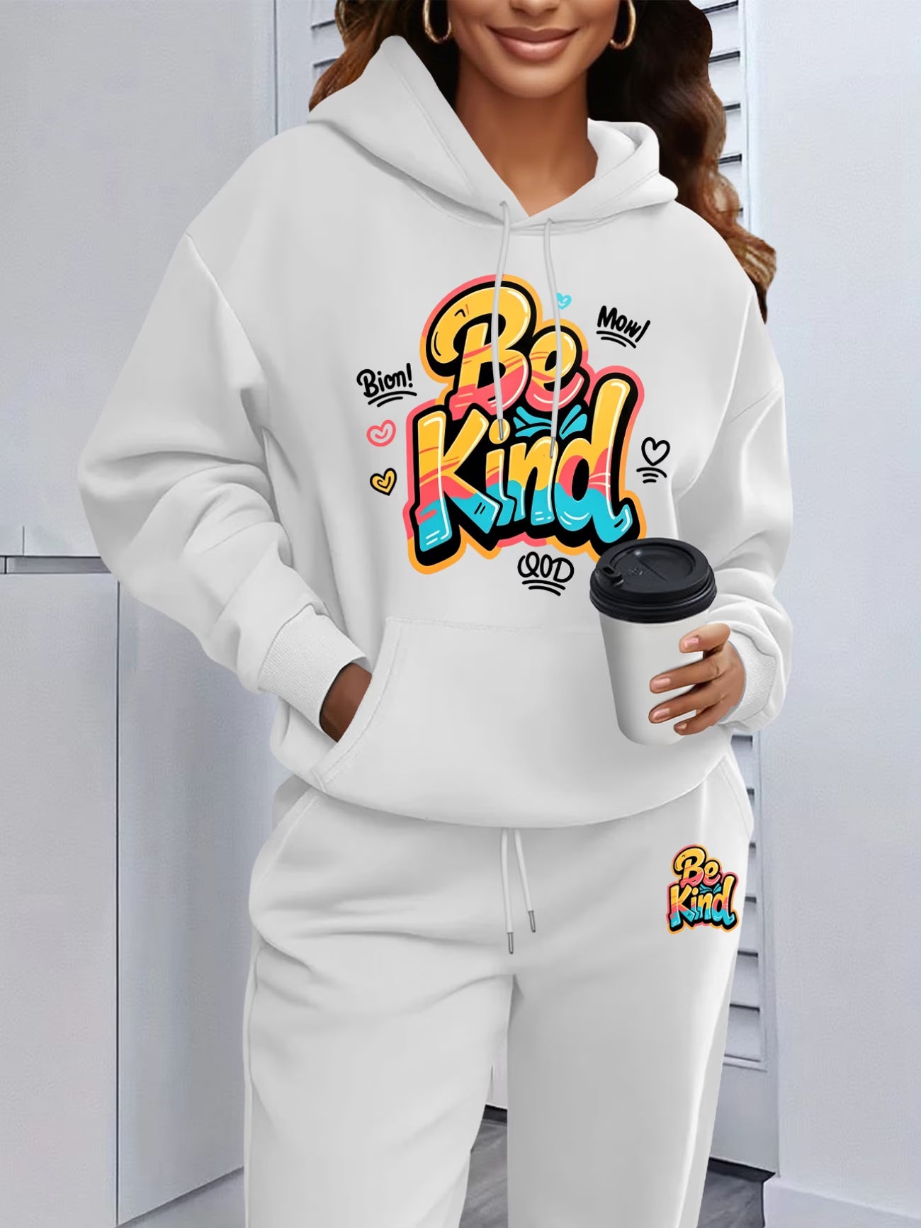 Be Kind Colourful Graffiti Print Hooded Sweatshirt & Sweatpants Set