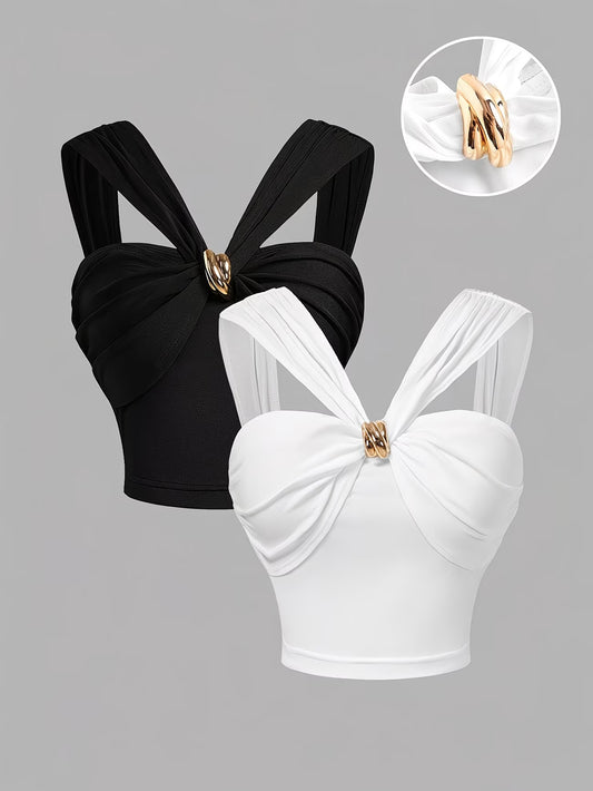 Black & White V-Neck Camisole with Metal Accents – 2-Piece Tank Top Set