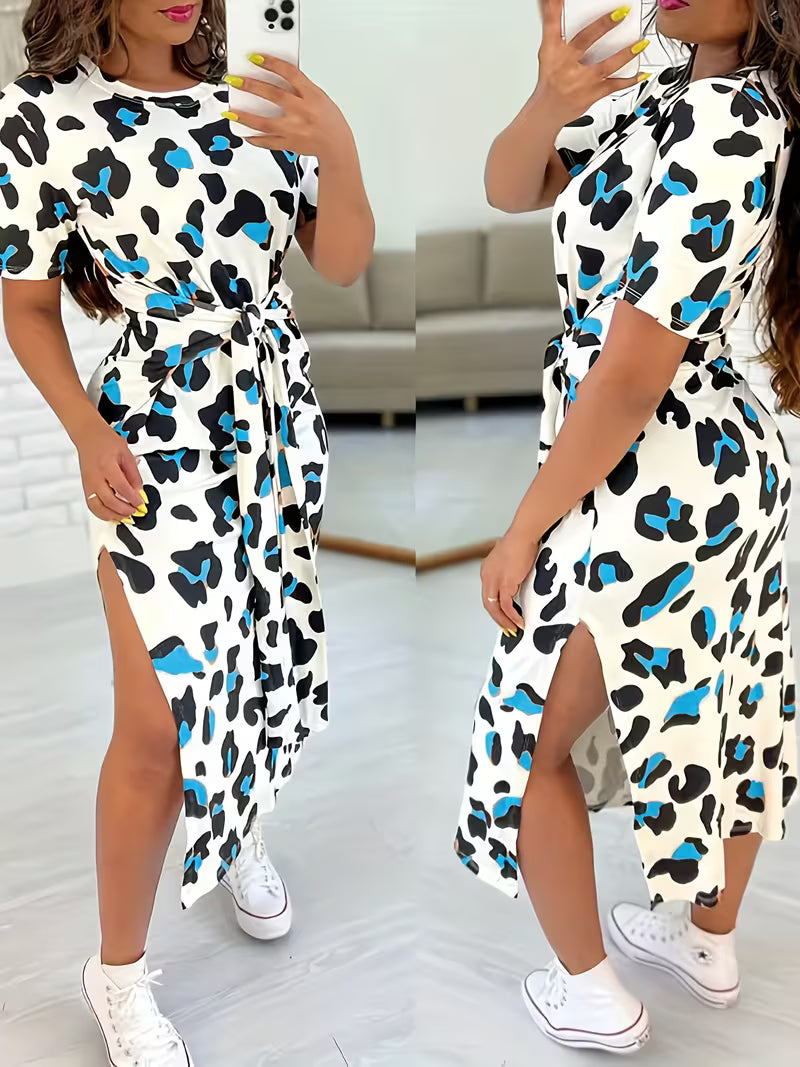 Leopard Print Tie-Detail Slit Casual Dress