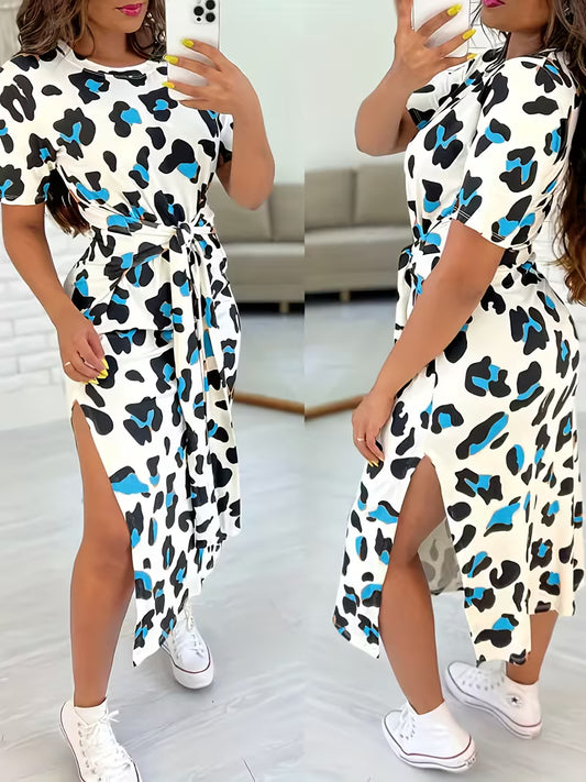 Leopard Print Tie-Detail Slit Casual Dress