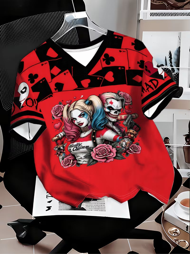 Quinn & The Joker Women's Colour-Blocked V-Neck T-Shirt — Classic Movie Elements, Cinematic Style