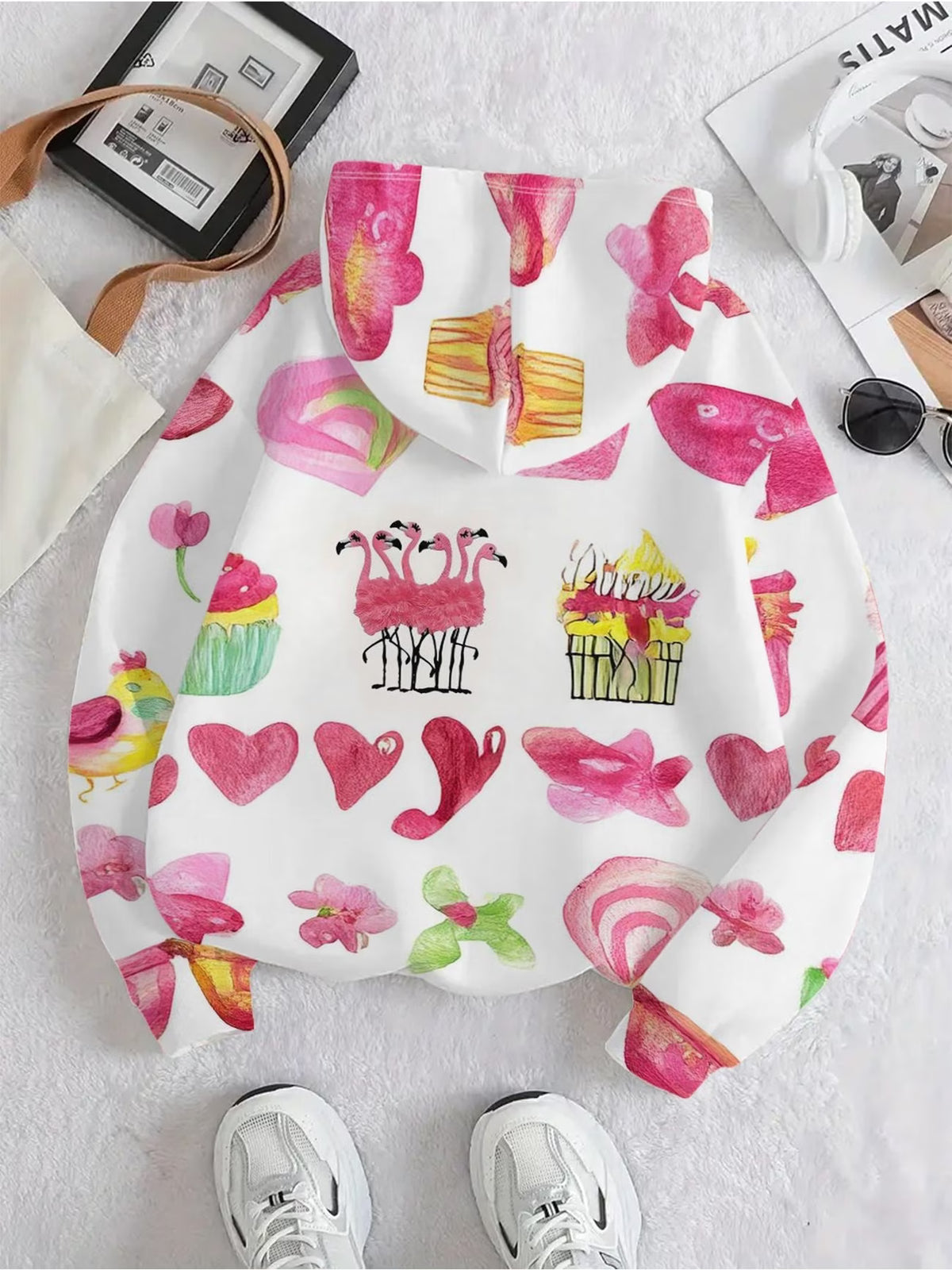 Women’s Pink Heart, Bow, Bird & Cake Print Hoodie